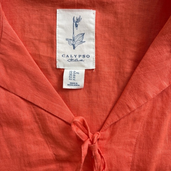 Calypso St Barth Coral Red 100% Linen Blouse Tie Front Short Sleeve Top M Boho - Picture 3 of 5